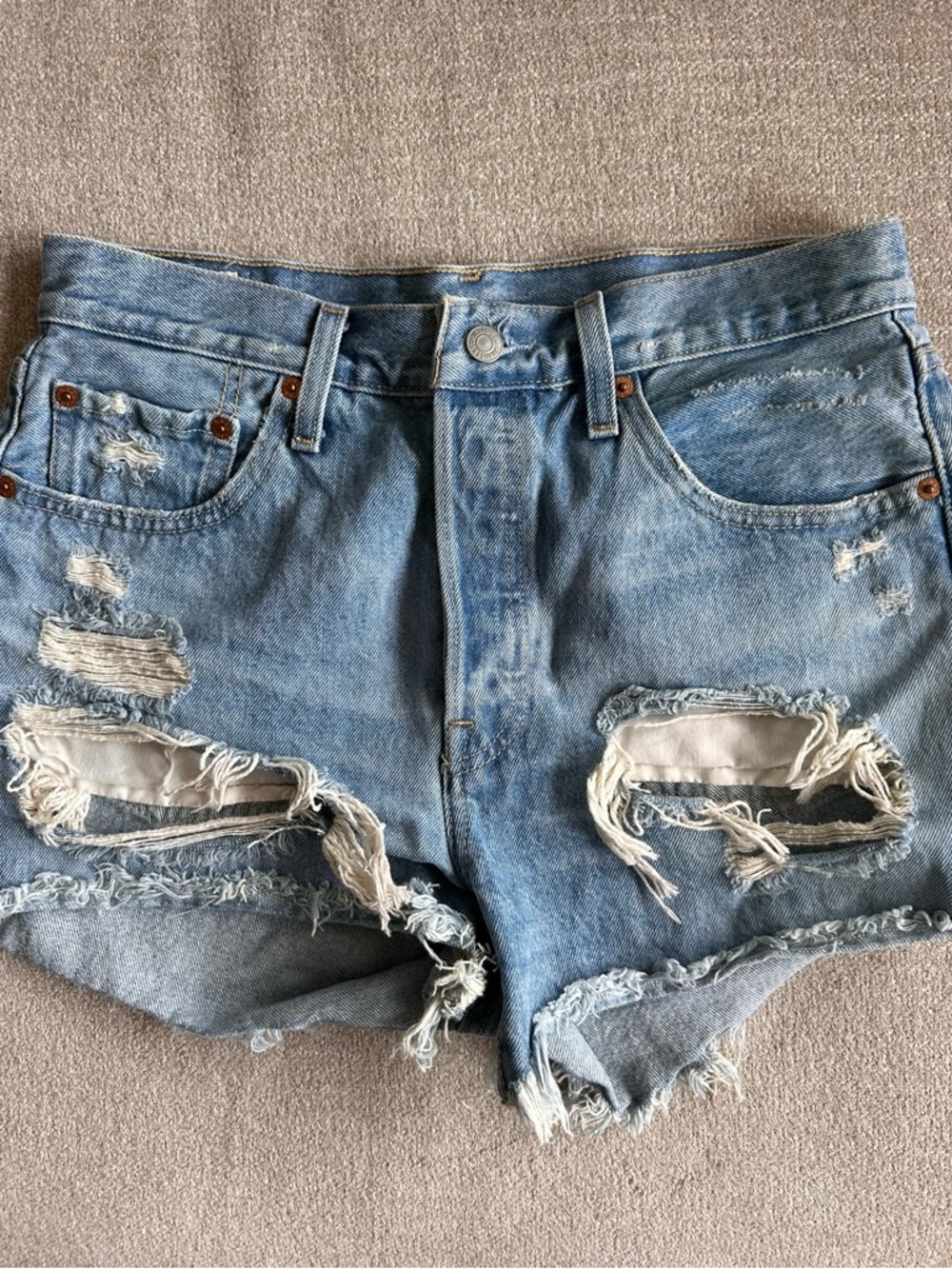 Levi's 501 Light Blue Distressed Denim Jean Shorts